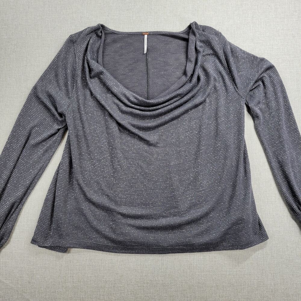 Free People Womens Top Sz L Grey Metallic Cowl Neck Cropped Knit Long Sleeve NEW